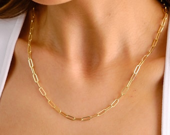 14K Gold Paperclip Chain Necklace, 3mm Rectangle Long Chain, Chunky Chain Link Necklace, Layered Necklace, Dainty Chain, Gift For Her
