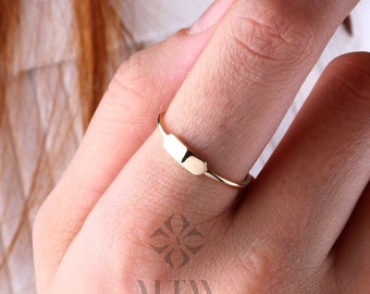 14K Gold Engraved Name Ring, Custom Signet Ring, Flat Bar Letter Band Ring, Monogram Pinky Ring, Personalized Initial Baby Name Ring