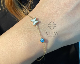 14K Solid Gold Butterfly Bracelet, White Enamel Butterfly Bracelet, Friendship Bracelet Evil Eye Jewelry, Stacking Bracelet, Gift for Her