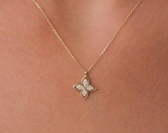 14K Gold Quatrefoil Necklace with CZ, Dainty Gold Floral Necklace, Clover Style Gold Pendant, Minimal CZ Necklace, Everyday Necklace for Her