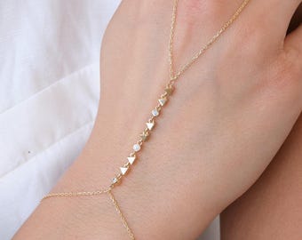 14K Gold Slave Hand Chain Bracelet, Cz Ring Bracelet, Minimal Hand Harness Jewelry for Women