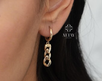 14K Gold Curb Dangle Earrings, Dainty Chain Earrings, Huggie Hoop Earrings, Cute Jewelry, Christmas Jewelry, Halloween Charm