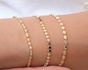 14K Gold Disc Chain Bracelet, 3mm Flat Dot Gold Bracelet, Minimal Everyday Gold Chain, Solid Gold Stacking Bracelet Gift for Her