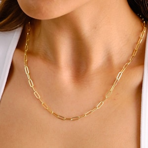 14K Gold Paperclip Chain Necklace, 3mm Rectangle Long Chain, Chunky Chain Link Necklace, Layered Necklace, Dainty Chain, Gift For Her
