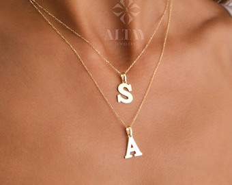 14K Solid Gold Initial Necklace, Personalized Single Letter Pendant, Centered Initial Necklace, Monogram Necklace, Dainty Initial Choker