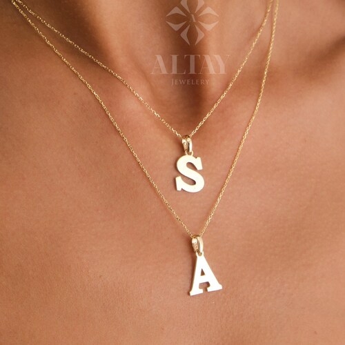 14K Solid Gold Initial Necklace Personalized Single Letter Etsy