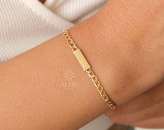 14K Gold Cuban Link Bracelet, Dainty Bar Bracelet, Curb Chunky Engraved Bracelet, Skinny Bar Bracelet, Stacking Bracelet, Men Women Chain
