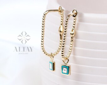 14K Gold Turquoise Rectangle Earrings, Square Stone Hoop Earrings, Tiny Square Stone Earring, Dainty Delicate Gift For Her