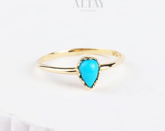 14K Gold Pear Turquoise Ring, Custom Ring For Mom, Turquoise Solitaire Engagement Ring, Basic Natural Stone, Personalized Drop Ring