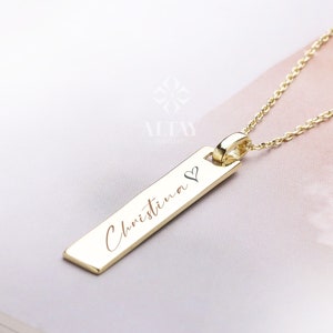 Collar de barra de oro de 14 quilates, collar de barra personalizado, colgante con nombre personalizado, collar con coordenadas, gargantilla con placa con nombre familiar, letra grabada