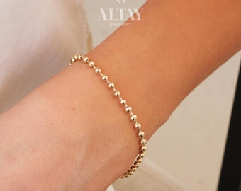 14K Gold Beaded Chain Bracelet, Italian Ball Bead Bracelet, 2.5 MM Layering Link Wristband, Delicate Dainty Gold Beads, Gift For Her Him