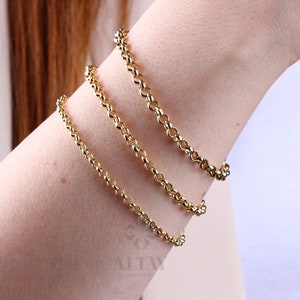 14K ゴールド ロロ チェーン ブレスレット、3 mm 4 mm 5 mm ゴールド リンク ベルチャー チェーン ブレスレット、リンク チャーム ブレスレット、ミニマル デリケート ラウンド ブレスレット、女性、男性