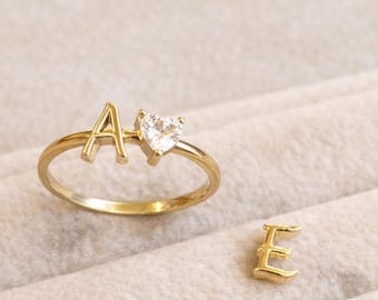14K Gold Initial Ring with Removable Letters, Heart Stone Ring, Personalized Letter Ring, Custom Name Ring, Meaningful Gift for Her