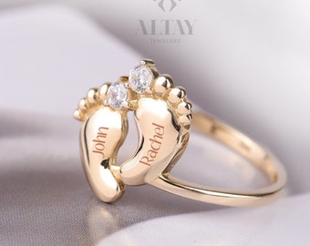 14K Gold Baby Feet Ring, Personalized Baby Feet Name Band, Birthstone Footprint Ring, Name Engraved Baby Shower, New Born Band, New Mom Gift