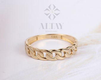 14K Gold Cuban Chain Ring, 4.5MM Cuban Link Ring, Chain Curb Ring, Bold Chain Ring, Solid Gold Stacking Ring, Minimalist Chain Link