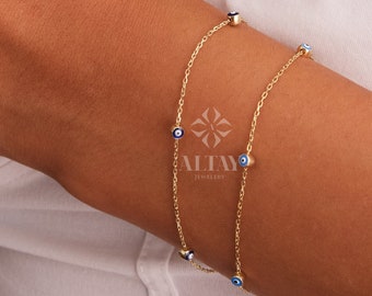 14K Gold Evil Eye Bracelet, Gold Chain Bracelet, Evil Eye Charm Bracelet, Minimalist Jewelry, Dainty Layering Evil Eye, Gift for Her