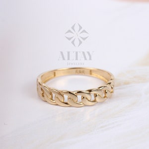 14K Gold Cuban Chain Ring, 4.5MM Cuban Link Ring, Chain Curb Ring, Bold Chain Ring, Solid Gold Stacking Ring, Minimalist Chain Link