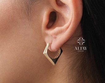 14K Gold Edge Huggie Hoop Earrings, 15mm Hoop Earrings, Geometric Chunky Earrings, Unique Angular Hoop, Edge Dome Huggies, Sparkle Earrings