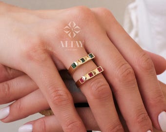 14K Gold Gemstone Ring, Colorful Stackable Ring, Square Stone Gold Band, Dainty Real Gold Ring, Green Red Pink Stone Ring