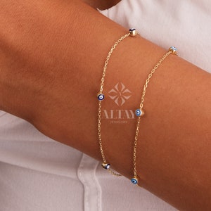 Pulsera de oro de 14 quilates con diseño de ojo malvado, pulsera de cadena de oro, pulsera con dije de ojo malvado, joyería minimalista, delicadas capas de ojo malvado, regalo para ella