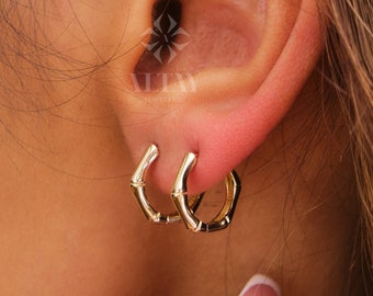 14K Gold Bamboo Earrings, Bamboo Hoop Earrings, Small Hoop Earrings, Huggie Hoop, Modern Hoop, Chunky Gold Hoop, Gift For Her