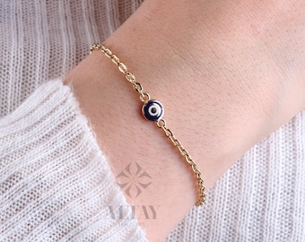 14K Gold Evil Eye Bracelet, Gold Chain Bracelet, Evil Eye Charm Bracelet, Everyday Rolo Gold Jewelry, Minimalist Jewelry, Gift for Her
