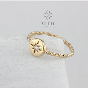 14K Gold Star Signet Ring, Signet Star Ring, Beaded Star Signet Ring, Minimalist Dainty Ring, Gift For Her, Star Setting,Stackable Thin Ring