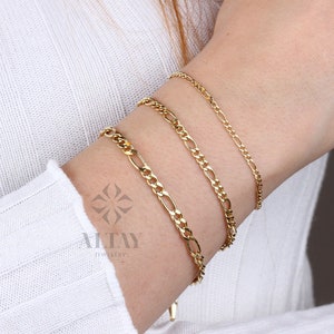 14K Solid Gold Figaro Chain Bracelet, 2mm 3mm 4mm Italian Figaro Chain Link, Real Gold Dainty Bracelet, Stacking Bracelet, Gift for Her