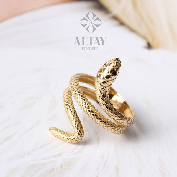 14K Gold Snake Ring, Wrap Snake Band, Circle Serpent Jewelry, Dainty Stacking Animal Rings, Snake Style Ring, Open Band Statement Wrap Ring