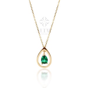 14K Gold Emerald Necklace, Pear Shape Emerald Pendant, Teardrop Green Charm, May Birthstone, Dainty Emerald Necklace, Anniversary Gift