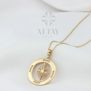 14K Gold Compass Necklace, Zirconia Stones Compass Jewelry, Cz Diamonds Necklace, Compass Charm, Personalized Compass, Custom Pendant