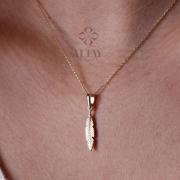 14K Gold Feather Necklace, Chance Pendant, Palm Leaf Charm, Dainty Leaf Choker, Layering Jewelry, Tiny Wedding Bridesmaid Gift for Her