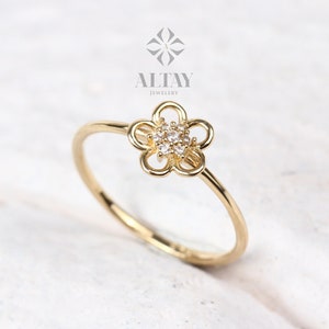 14K Gold Flower Ring, Diamond Daisy Ring, Sunflower Band, Stackable Gold Ring, Dainty Flower Ring, Tiny Gold FlowerJewelry, Gift For Her