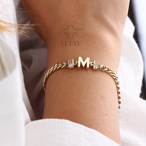 Pulseira inicial cubana de ouro 14K, corrente de letra de meio-fio de 5 mm, pulseira com nome, pulseira personalizada, pulseira com letras, liquidação de Natal