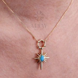 14K Gold Turquoise North Star Necklace, Celestial Starburst Pendant, Pole Star Choker, Dainty Layering Chain, Christmas, Valentines Day Gift