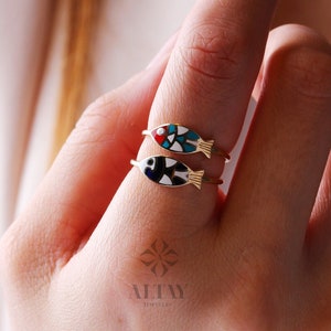 14K Gold Fish Ring, Enamel Fish Ring, Turquoise Dainty Gold Stacking Ring, Minimal Blue Horoscope Marine Jewelry, Good Luck, Gift for Her