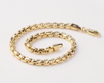 14K Gold 4mm Box Chain Bracelet, Unisex Gold Bracelet, Minimalist Gold Chain, Everyday Bracelet, Gift for Him or Her