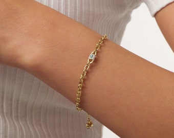 14K Gold Paperclip Rolo Chain Bracelet, Turquoise White Charm, Oval Rectangle Paperclip Chain, Gold Thick Flat Link, Woman Man Gold Bracelet