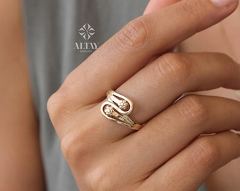 14K Gold Teardrop Ring, Two Band Flower Ring, Sunflower Band, Teardrop Shape Ring, Personalized Engagement Ring, Stackable Gold Ring
