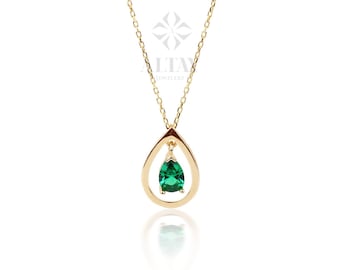 14K Gold Emerald Necklace, Pear Shape Emerald Pendant, Teardrop Green Charm, May Birthstone, Dainty Emerald Necklace, Anniversary Gift