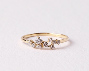 14K Gold Cluster Ring, Diamond Cluster Ring, Diamond Unique Gold Wedding Band, Dainty Gold Ring, Stackable Promise Ring, Gift For Her