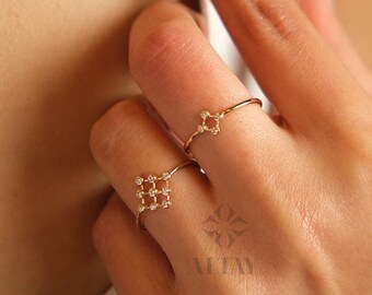 14K Gold Bezel Ring, 4 Beaded Stacking Ring, Cluster Cz ring, Engagement Ring, Anniversary Ring Women, Minimalist Stackable Jewelry