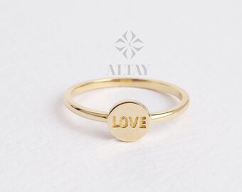 14K Gold Love Ring, Love Word Signet Ring, Stackable Round Love Ring, Dainty Script Love Ring, Love Engraved Ring, Stacking Love Jewelry