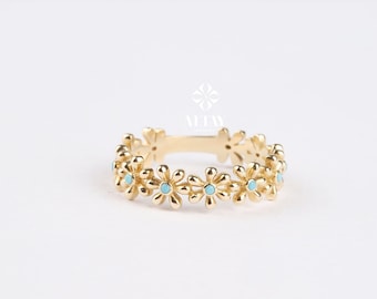 14K Gold Daisy Ring, Flower Wedding Band, Half Eternity Stackable Ring, Thick Multi Daisy Band Ring, Dainty Matching Ring, Turquoise Ring