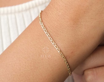 14K Gold Mariner Chain Bracelet, 2mm Mariner Link Chain Bracelet, Anchor Link Bracelet, Flat Mariner Bracelet, Minimalist Stacking Bracelet
