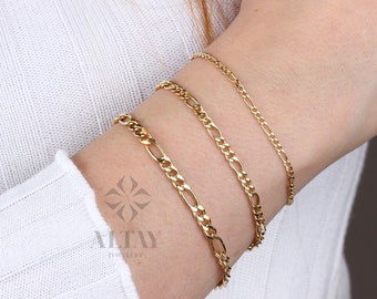 14K Solid Gold Figaro Chain Bracelet, 2mm 3mm 4mm Italian Figaro Chain Link, Real Gold Dainty Bracelet, Stacking Bracelet, Gift for Her