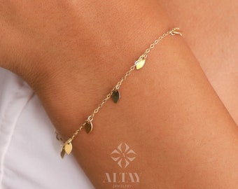 14K Gold Dangling Leaf Bracelet, Leaf Charm Bracelet, Coin Charm Chain Bracelet Jewelry