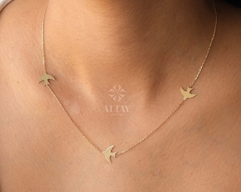 14K Gold Bird Necklace, Three Birds Necklace, Swallows Charm Necklace, Personalized Graduation Gift, Petite Station Chain Choker Necklace