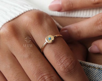 14K Gold North Star Ring, Turquoise Polar Star Band, Round Turquoise Star Ring, Astrology Starburst Ring, Luck Star, Celestial Pinky Ring