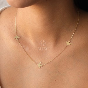 14K Gold Bird Necklace, Three Birds Necklace, Swallows Charm Necklace, Personalized Graduation Gift, Petite Station Chain Choker Necklace